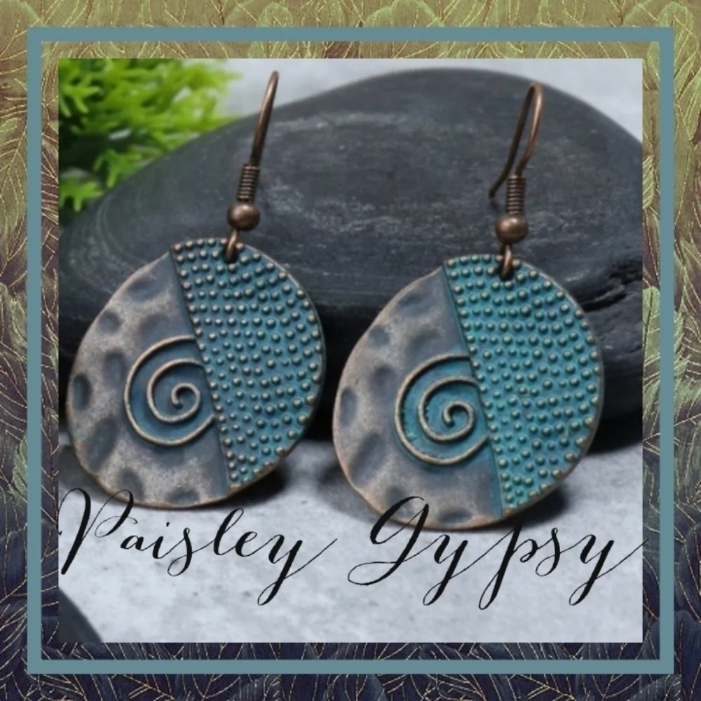 BOHEMIAN WESTERN STYLE ANTIQUED BRONZE LOOKING TURQUOISE ETCHED DESIGN E…